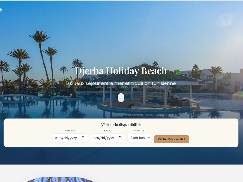 Page d'accueil de la plateforme Djerba Holiday Beach avec le widget de réservation