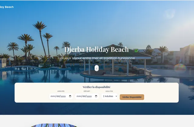 Page d'accueil de la plateforme Djerba Holiday Beach avec le widget de réservation